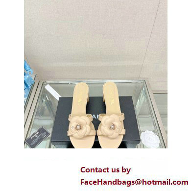 Chanel Heel 5.5cm Camellia and Pearl Mules Beige 2023