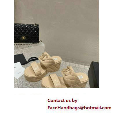 Chanel Heel 7.5cm Gold CC Logo Lambskin Quilting Platform Mules Sandals Beige 2023