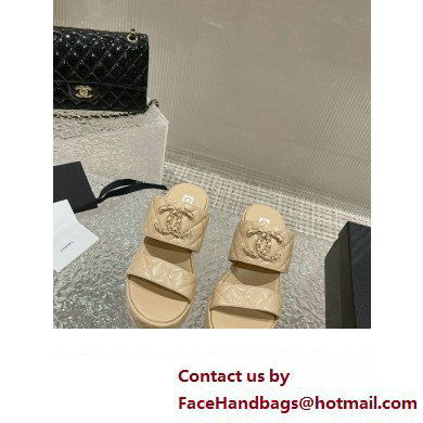 Chanel Heel 7.5cm Gold CC Logo Lambskin Quilting Platform Mules Sandals Beige 2023