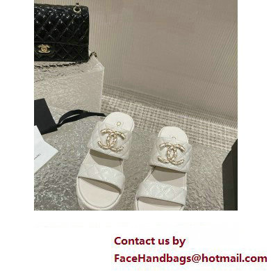 Chanel Heel 7.5cm Gold CC Logo Lambskin Quilting Platform Mules Sandals White 2023
