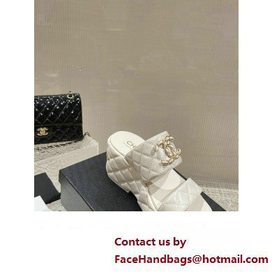 Chanel Heel 7.5cm Gold CC Logo Lambskin Quilting Platform Mules Sandals White 2023