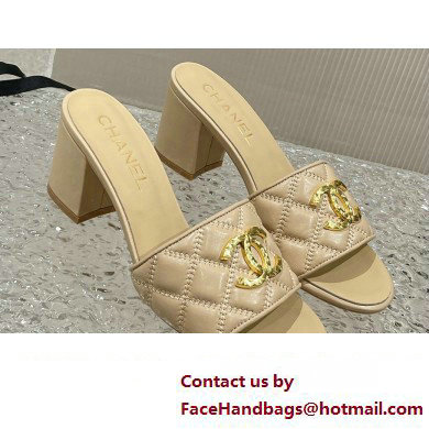 Chanel Heel 7cm Gold CC Logo Lambskin Quilting Mules G45014 Beige 2023