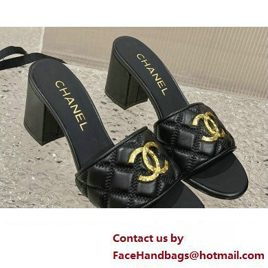 Chanel Heel 7cm Gold CC Logo Lambskin Quilting Mules G45014 Black 2023