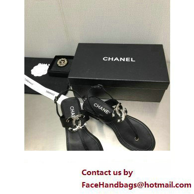Chanel Metal CC Logo Thong Sandals Grained Leather Black 2023