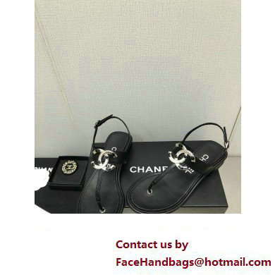 Chanel Metal CC Logo Thong Sandals Grained Leather Black 2023