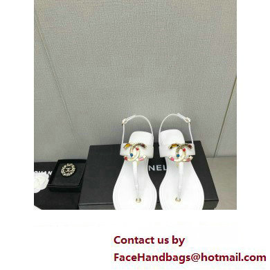 Chanel Metal CC Logo Thong Sandals Smooth Leather White 2023