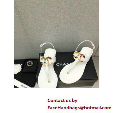 Chanel Metal CC Logo Thong Sandals Smooth Leather White 2023