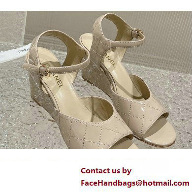 Chanel Quilting Wedge Sandals Patent Beige 2023
