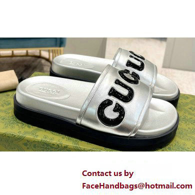 Gucci script Leather Slide Sandals Silver/Black 2023