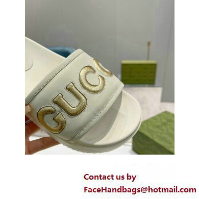 Gucci script Leather Slide Sandals White/Gold 2023