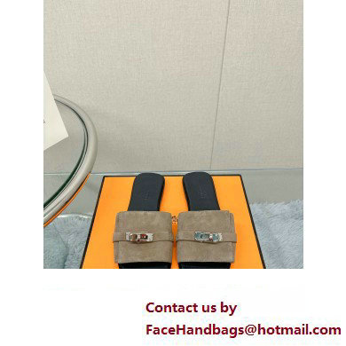Hermes Giulia FLAT sandal in calfskin suede gray 2023