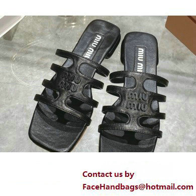 Miu Miu Leather sandals Black with metal lettering logo 2023 - Click Image to Close