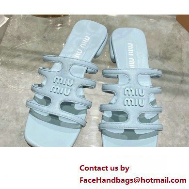 Miu Miu Leather sandals Blue with metal lettering logo 2023 - Click Image to Close