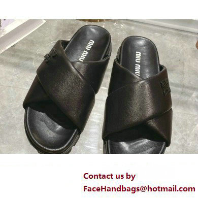 Miu Miu Leather slides Black with metal lettering logo 2023 - Click Image to Close