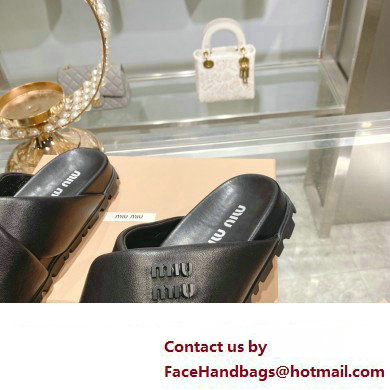 Miu Miu Leather slides Black with metal lettering logo 2023 - Click Image to Close