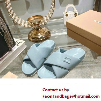 Miu Miu Leather slides Blue with metal lettering logo 2023