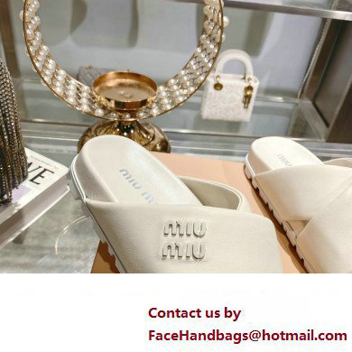 Miu Miu Leather slides Creamy with metal lettering logo 2023 - Click Image to Close