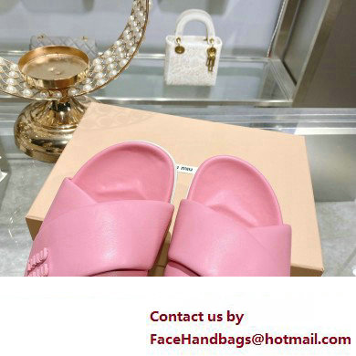 Miu Miu Leather slides Pink with metal lettering logo 2023 - Click Image to Close