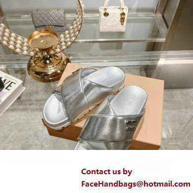 Miu Miu Leather slides Silver with metal lettering logo 2023 - Click Image to Close