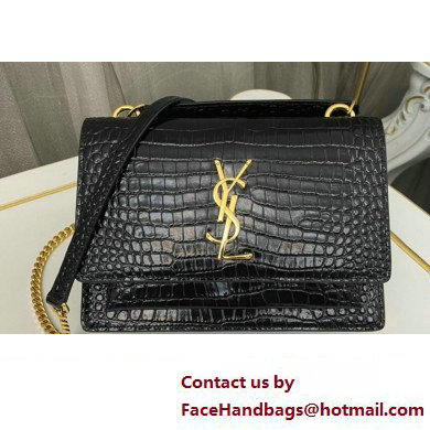 Saint Laurent sunset chain wallet in crocodile-embossed shiny leather 533026 Black/Gold