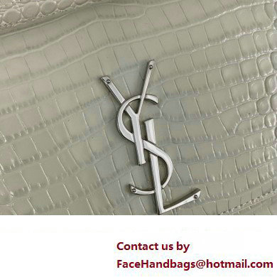 Saint Laurent sunset chain wallet in crocodile-embossed shiny leather 533026 White/Silver