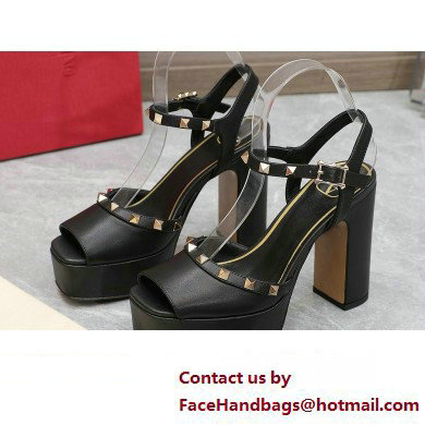 Valentino Heel 11cm Platform 3cm Leather Rockstud ankle strap sandals Black 2023