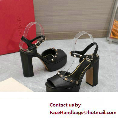 Valentino Heel 11cm Platform 3cm Leather Rockstud ankle strap sandals Black 2023