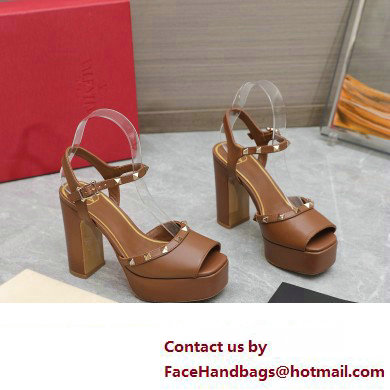 Valentino Heel 11cm Platform 3cm Leather Rockstud ankle strap sandals Brown 2023 - Click Image to Close