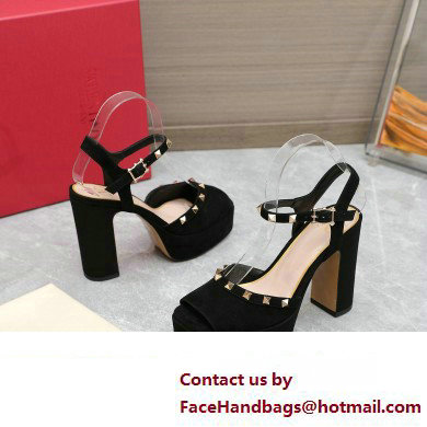Valentino Heel 11cm Platform 3cm Leather Rockstud ankle strap sandals Suede Black 2023 - Click Image to Close