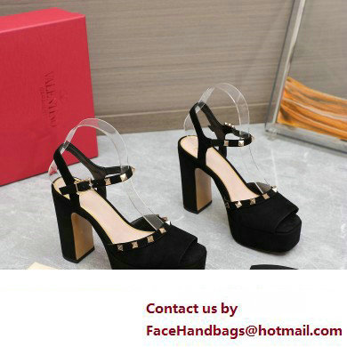 Valentino Heel 11cm Platform 3cm Leather Rockstud ankle strap sandals Suede Black 2023 - Click Image to Close