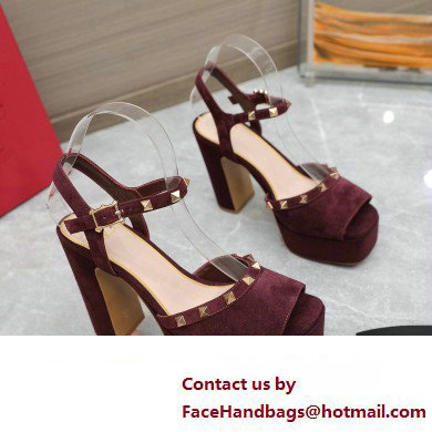Valentino Heel 11cm Platform 3cm Leather Rockstud ankle strap sandals Suede Burgundy 2023 - Click Image to Close