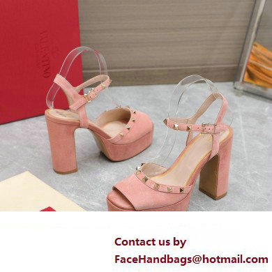 Valentino Heel 11cm Platform 3cm Leather Rockstud ankle strap sandals Suede Pink 2023