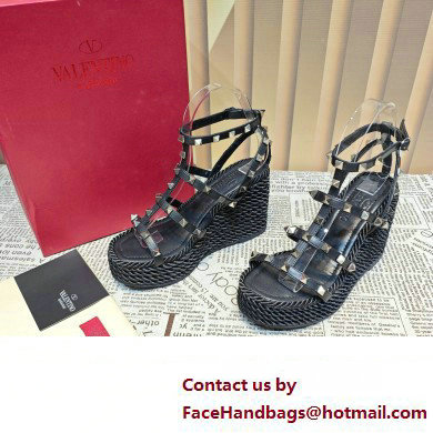 Valentino Heel 9.5cm Platform 3.5cm Rockstud ankle strap wedge sandals in calfskin Black 2023