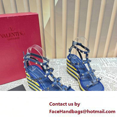 Valentino Heel 9.5cm Platform 3.5cm Rockstud ankle strap wedge sandals in calfskin Blue/Multicolor 2023