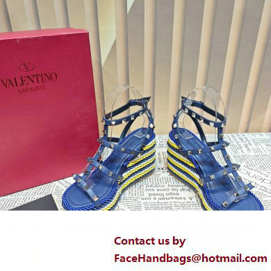 Valentino Heel 9.5cm Platform 3.5cm Rockstud ankle strap wedge sandals in calfskin Blue/Multicolor 2023