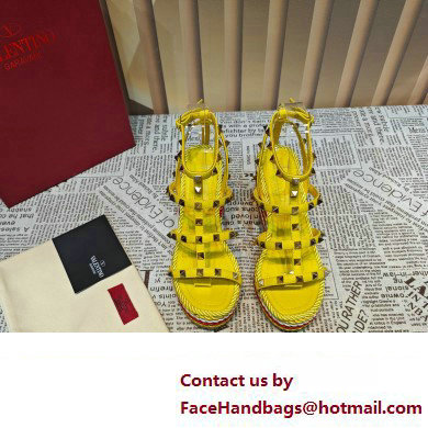 Valentino Heel 9.5cm Platform 3.5cm Rockstud ankle strap wedge sandals in calfskin Yellow/Red/White 2023