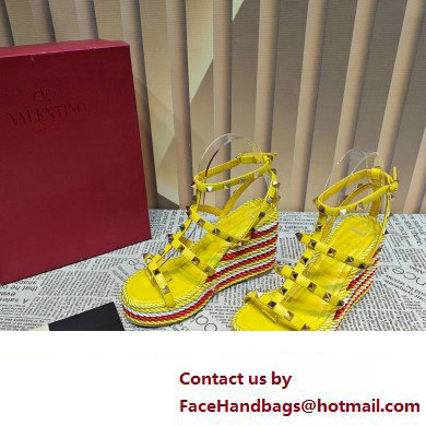 Valentino Heel 9.5cm Platform 3.5cm Rockstud ankle strap wedge sandals in calfskin Yellow/Red/White 2023