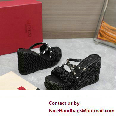 Valentino Heel 9.5cm Platform 3.5cm Rockstud wedge sandals in calfskin leather Black with silk cords 2023