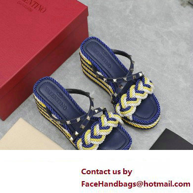 Valentino Heel 9.5cm Platform 3.5cm Rockstud wedge sandals in calfskin leather Blue/Multicolor with silk cords 2023
