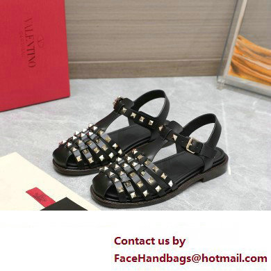 Valentino Rockstud Calfskin Round Toe Sandals Black 2023