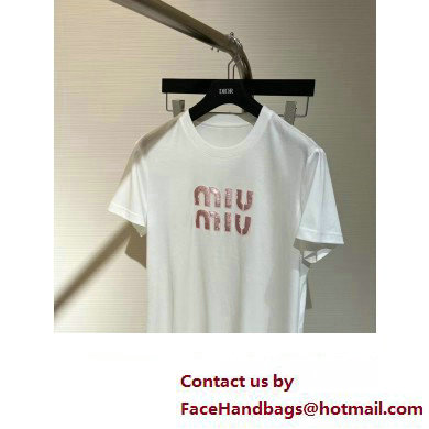 miu miu white cotton T-shirt with pink logo 2023