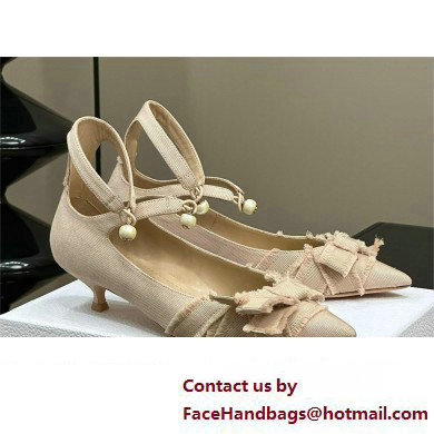 Dior Heel 4cm Adiorable Pumps in NUDE Fringed Grosgrain with Bow and Pearl 2024 Dior Heel 4cm Adiorable Pumps in NUDE Fringed Grosgrain with Bow and Pearl 2024