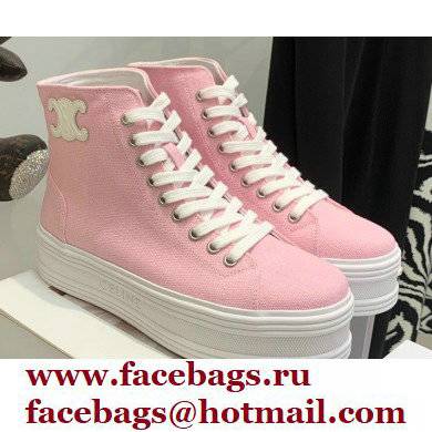 Celine Jane High Lace-up Sneakers In Canvas And Calfskin Pink 2022 - Click Image to Close