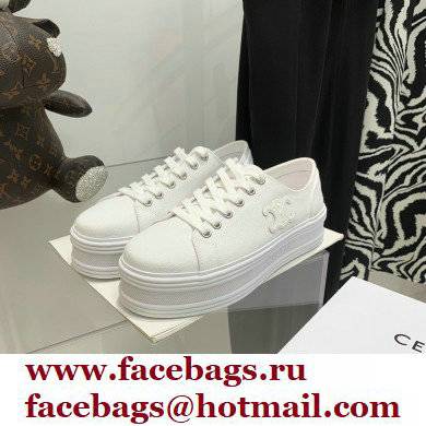 Celine Jane Low Lace-up Sneakers In Canvas And Calfskin White 2022 - Click Image to Close