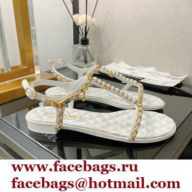 Chanel Chain Lambskin and Jewelry Flat Sandals G38916 White 2022 - Click Image to Close