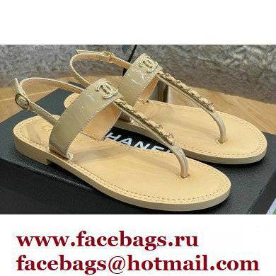 Chanel Chain Patent Calfskin Flat Thong Sandals G38221 Beige 2022