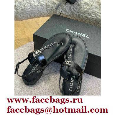 Chanel Chain Patent Calfskin Flat Thong Sandals G38221 Black 2022