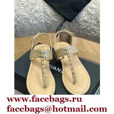 Chanel Chain Patent Calfskin Heel Thong Sandals G38200 Beige 2022