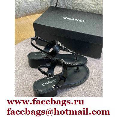 Chanel Chain Patent Calfskin Heel Thong Sandals G38200 Black 2022 - Click Image to Close
