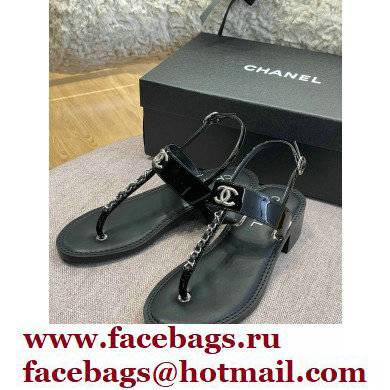 Chanel Chain Patent Calfskin Heel Thong Sandals G38200 Black 2022 - Click Image to Close